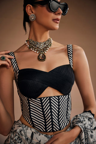 Black And White Printed Saree With Corset Blouse
