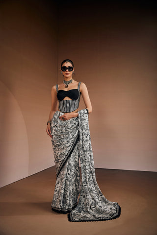 Black And White Printed Saree With Corset Blouse
