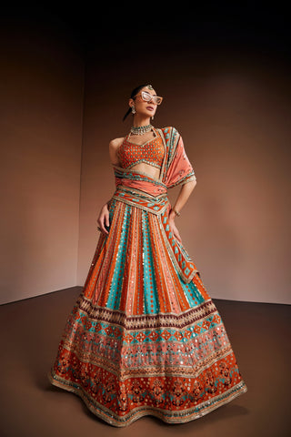 Orange And Blue Printed Lehenga Set With Embellishments