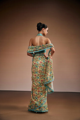 Floral Printed Saree Set With Sky Blue Blouse