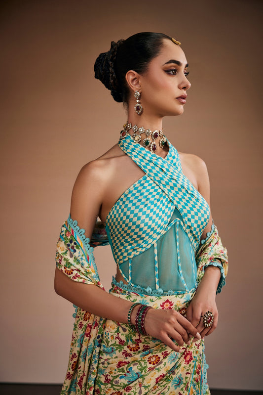 Floral Printed Saree Set With Sky Blue Blouse