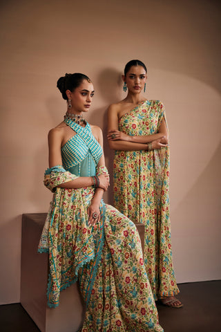 Floral Printed Saree Set With Sky Blue Blouse