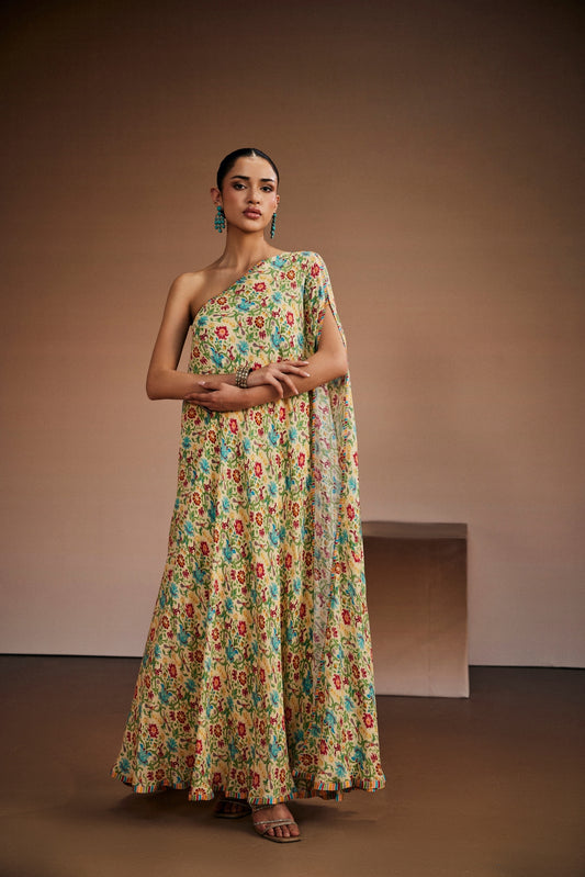 One Shoulder floral printed kaftan