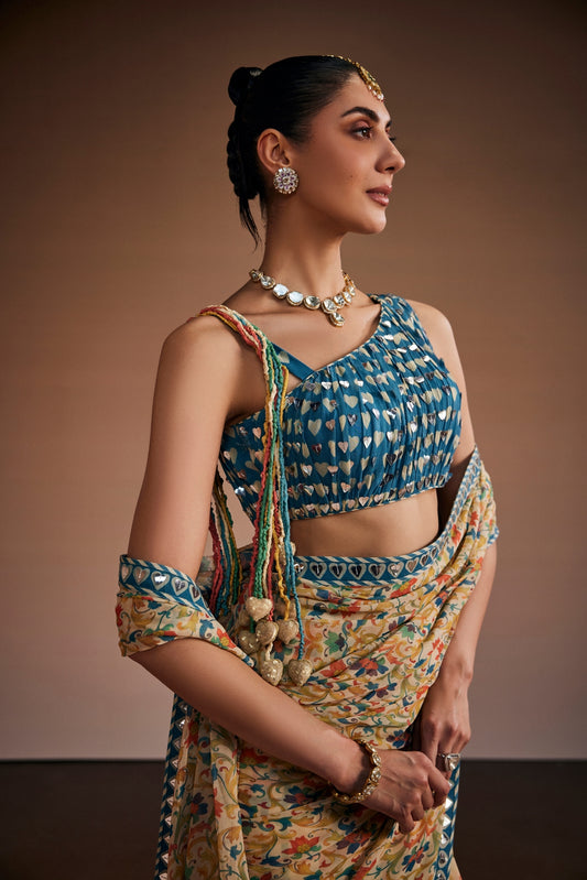 Beige Floral And Checks Printed Saree Set