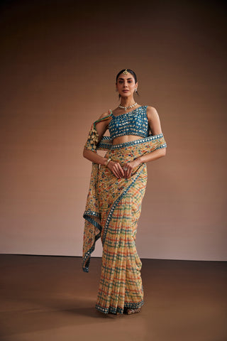 Beige Floral And Checks Printed Saree Set