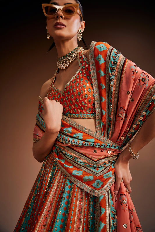Orange And Blue Printed Lehenga Set With Embellishments