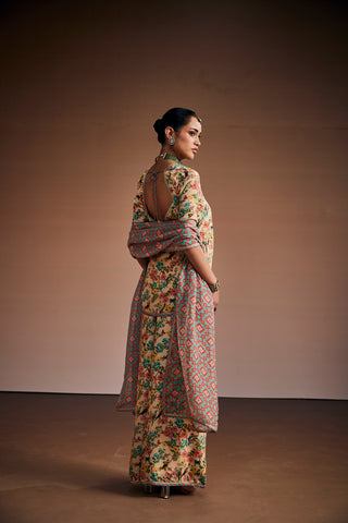 Beige Printed Floral Kurta Set