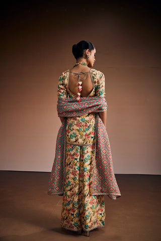 Beige Printed Floral Kurta Set