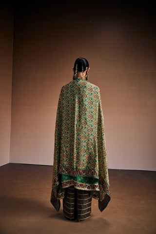 Green Printed Kurta With Cape Dupatta Paired With Pants.
